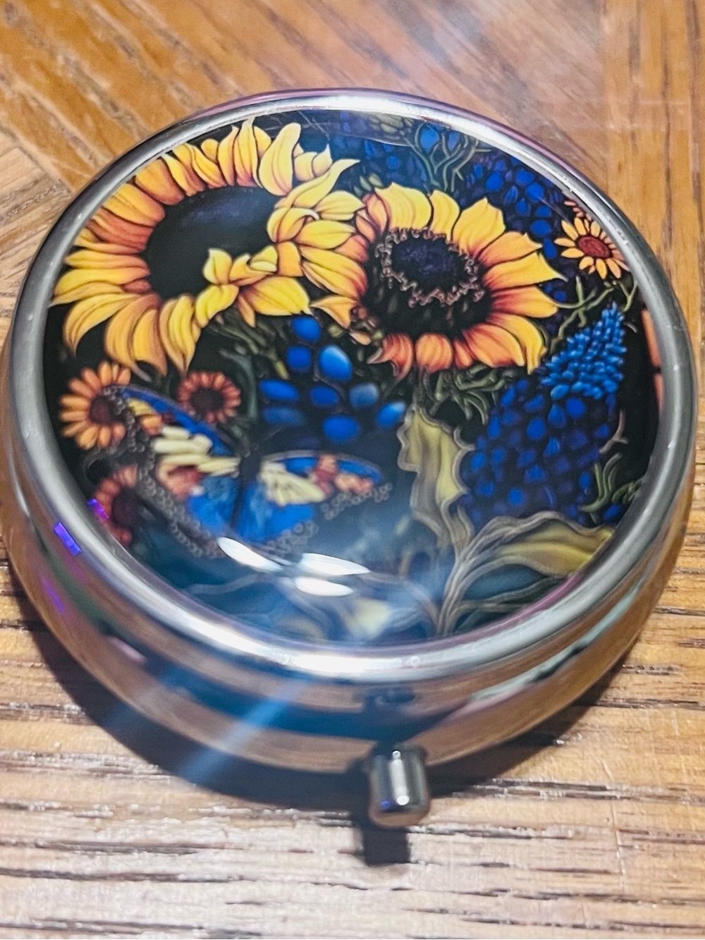 New Sunflower & Butterfly Round Pill Box - Yellow & Blue Floral Design